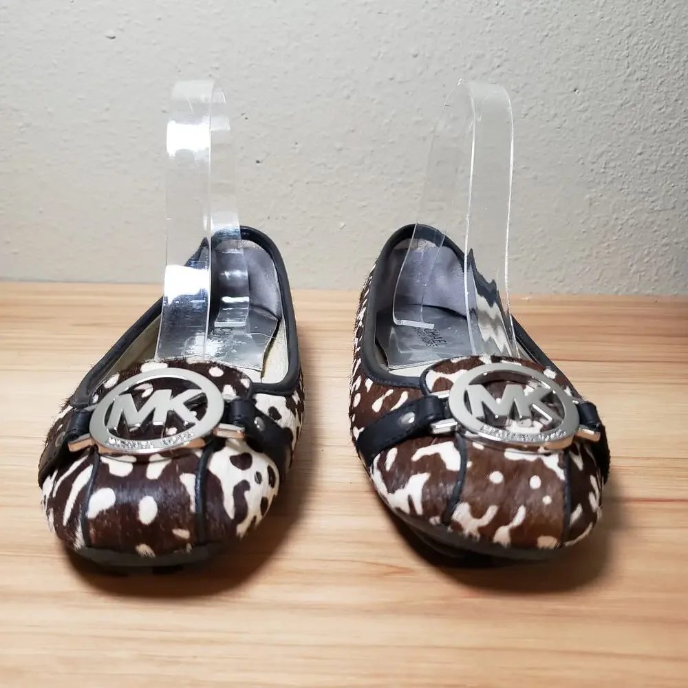 Michael Kors Women's 7 Calfhair Ballet Logo Flats Brown‎ Tan Cow Print Western